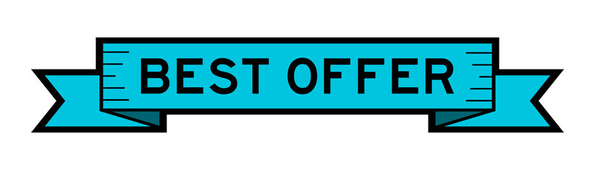 Vintage ribbon banner in blue color with word best offer on white background