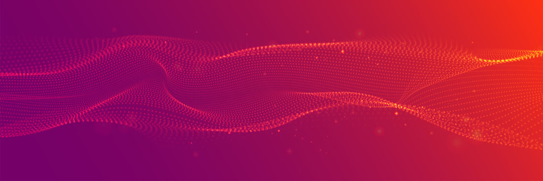 Red wide abstract wavy particle background. Flowing particles with depth of field. Technology, science, gaming, cinema, website vector background.