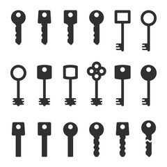 Key icon set. Keys silhouette, Black keys signs isolated on white background. Set of different types house keys. Symbol of Security or Privacy. Modern and retro skeleton access.