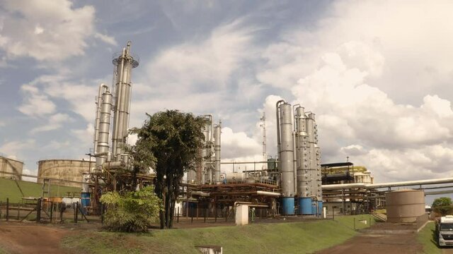 Beautiful aerial image alcohol plant, sugar factory, alcohol plant at sunset, aerial image sugar factory
