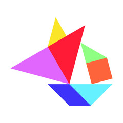 Color tangram puzzle in sailing boat shape on white background