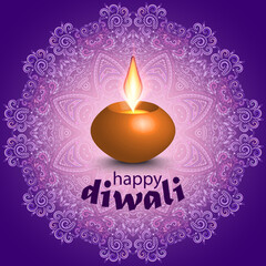 Diwali - colorful greeting card. Candle on a lace background. Vector clipart