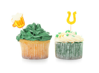Tasty cupcakes for St. Patrick's Day on white background