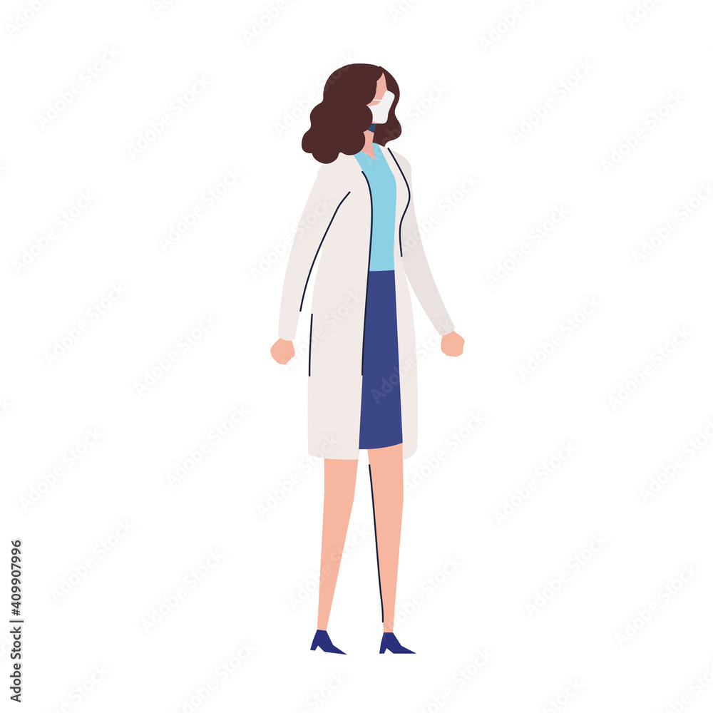 Sticker female doctor wearing medical mask standing character vector illustration design