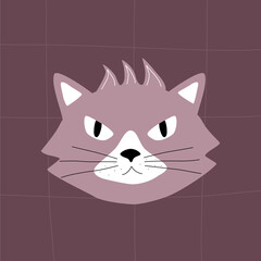 Obraz premium Serious cat with angry eyes. Head of angry grey cat. Cat head cartoon. Doodle illustration vector.