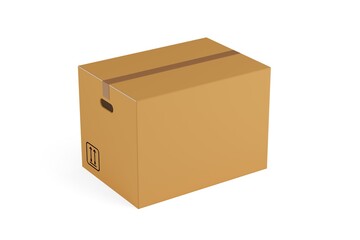 Single closed, brown cardboard moving storage box over white background, moving day concept
