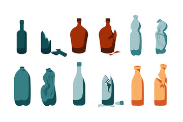 A set of glass and plastic bottles. Broken glass, crumpled plastic, waste recycling. Shattered empty bottles, isolated flat illustration. New design, cartoon style illustration.
