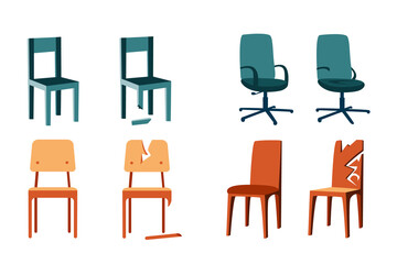 Set of flat illustrations of wooden chairs on a white background. Office chairs, school chairs. Broken chair repair. Shabby, battered chairs. New design, cartoon style illustration.