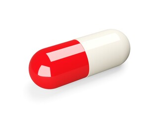 Red and white pill capsule over white background, medical treatment, pharmaceutical or medication concept