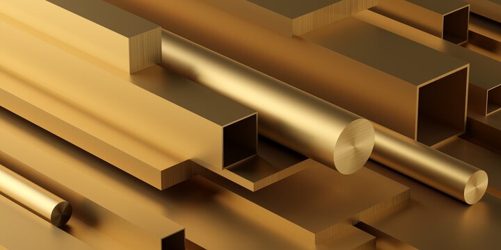Brass profiles stack or heap frame filling background, metal manufactoring or product concept
