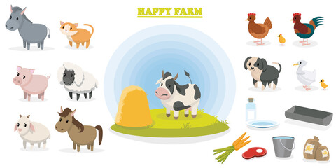 
Happy farm. Set of animals living on the farm. Cat, cow, sheep, rooster, pig, horse, donkey, duck, dog. Educational illustrations for children. For animation and cartoons.