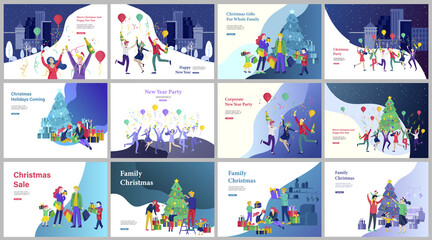 Set of Landing page template or greeting card. Friend or colleagues celebrates Merry Christmas, Happy New Year corporate party