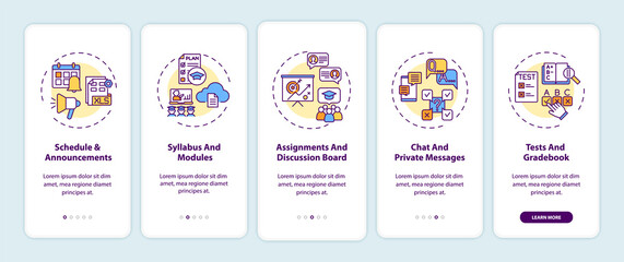 Online course management system onboarding mobile app page screen with concepts. Schedule and announcements walkthrough 5 steps graphic instructions. UI vector template with RGB color illustrations
