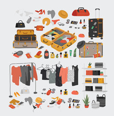 Set of wardrobe stuff. Closet wardrobe furniture inside. Various bag, shoes, cosmetics and trendy clother. Interior things in scandinavian design style. Hand drawn isolated elements. Cartoon