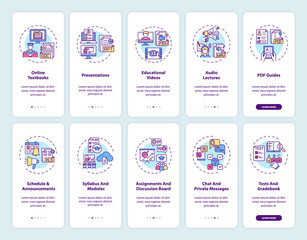 Online teaching onboarding mobile app page screen with concepts set. Online teaching digital resources walkthrough 10 steps graphic instructions. UI vector template with RGB color illustrations