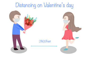Happy Valentine’s Day boyfriend and girlfriend stay safe from coronavirus by wearing mask and stay keep social distancing  on there celebrating.vector illustrated 