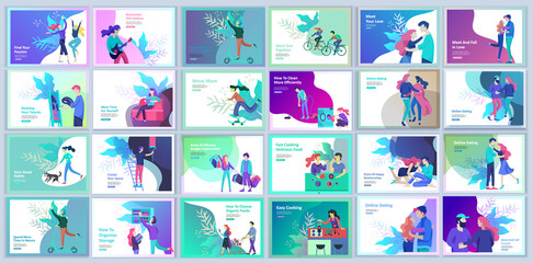 Set of Landing page templates for hobby blog. People enjoying their hobbies, dancing, riding a scooter, paint walls and a picture, play the guitar, cooking. Vector characters