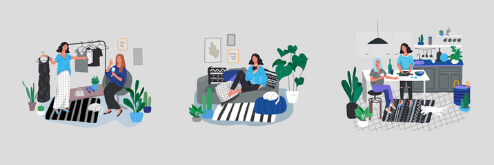 Set of beautiful girl in daily life scenes. Young woman shopping, makes up, sleeping, relaxes, takes bath, chooses clothes, playing with cat, working, watering flower. Flat cartoon vector illustration