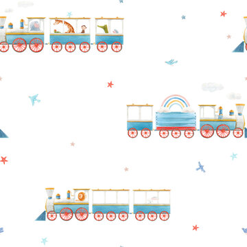 Beautiful seamless baby pattern with cute watercolor trains. Stock illustration.