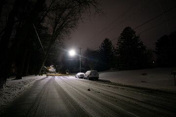 Street Freshly Snow Plowed At Night