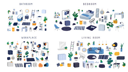 Ineriors sets. Stylish comfy furniture and modern home decorations in trendy Scandinavian or hygge style. Cozy Interior furnished home plants for sleeping. Flat cartoon vector illustration