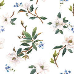 Beautiful vector seamless pattern with hand drawn watercolor white magnolia flowers. Stock illustration. © zenina