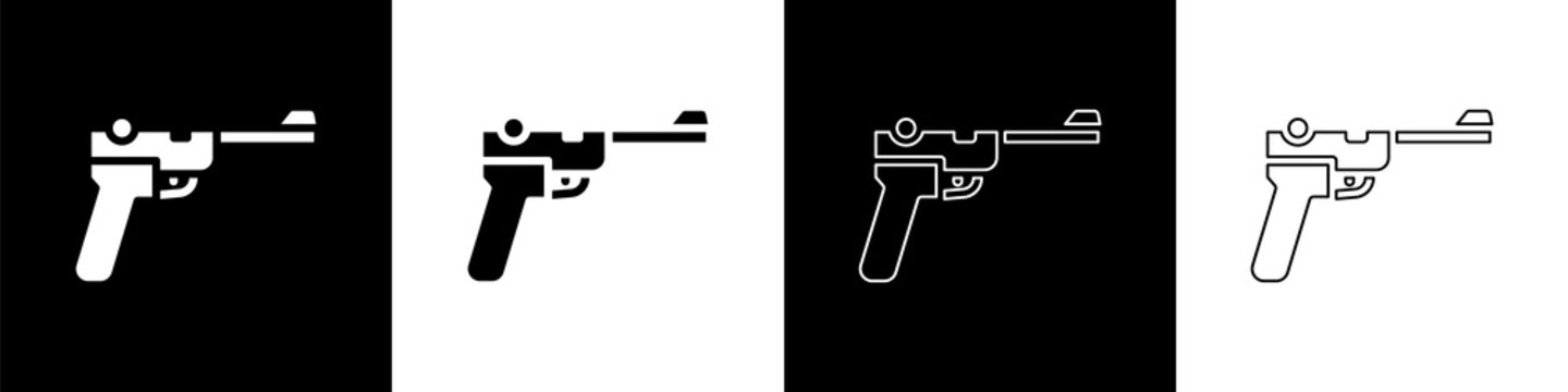 Set Mauser gun icon isolated on black and white background. Mauser C96 is a semi-automatic pistol. Vector.