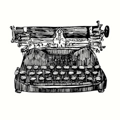 Typewriter, front view. Ink black and white drawing. Vector illustration