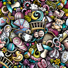 Fototapeta premium Cartoon cute doodles hand drawn Baby seamless pattern.