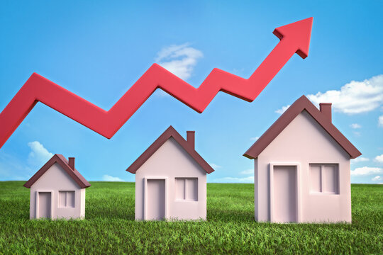 Three houses in green meadow and rising red arrow against blue sky. Growth in real estate concept. 3D illustration