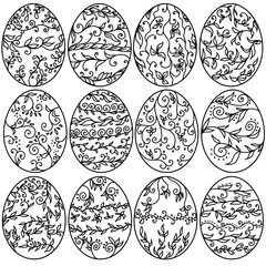 Set of Easter contour eggs with plant patterns, outline coloring page on a festive theme