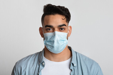 Closeup Portrait Of Young Arab Man In Protective Medical Mask On Face