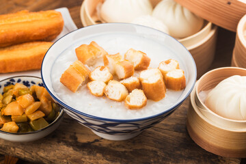 Chinese porridge breakfast set, fried dough sticks, white porridge,