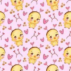 Valentine's Day Chicken Seamless Pattern. Animals in love digital paper.