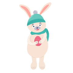 Easter bunny in a hat holding egg. Vector cartoon illustration on white background