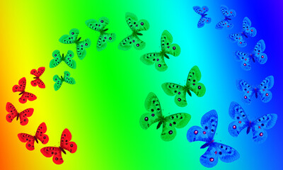 Colored Apollo butterflies fly on an abstract rainbow background. Place for your text. 