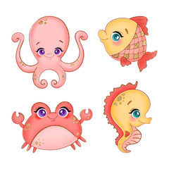 Cute cartoon underwater ocean sea animals octopus fish crab sea horse