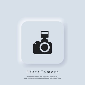 Photo camera logo. Camera icon. Photography concept. Vector. Neumorphic UI UX white user interface web button. Neumorphism