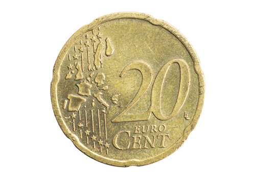 20 euro cent coin on white background