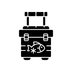 Fishing cooler black glyph icon. Basic fishers equipment. Preservation of trophy fish. Fishing contest. Fish in fridge. Silhouette symbol on white space. Vector isolated illustration
