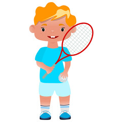 The sport is tennis. A boy with a racket plays tennis. Hobby. Sports direction. International Sports Day. Cartoon flat style. White background. Can be used for web design collages, magnets.
