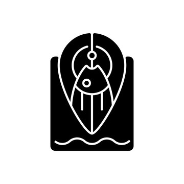 recommend clip art: Fishing spot black glyph icon. Navigation tip for finding top fishing place. Point on map. Hobby and leasure activity. Silhouette symbol on white space. Vector isolated illustration