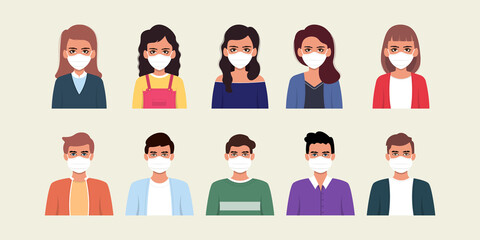 Set of man and woman wearing medical mask in flat illustration style.