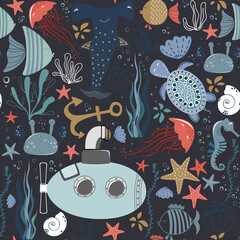 Marine baby seamless pattern with cute marine life