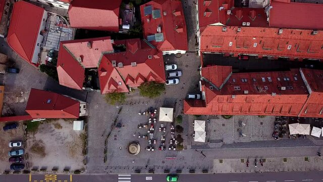 Birdseye shot over Maribor city with its red rooftops