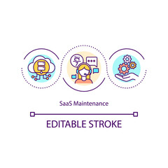 Fototapeta na wymiar SaaS maintenance concept icon. Software that is hosted remotely and delivered through web. Remote service idea thin line illustration. Vector isolated outline RGB color drawing. Editable stroke