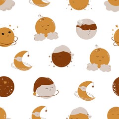 Seamless pattern of planets on a white background. Vector illustration cartoon style
