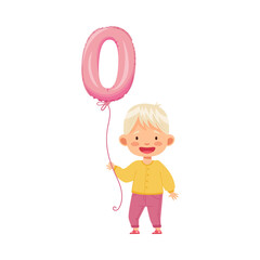 Blond Boy Holding Purple Number Shaped Balloon by the String Vector Illustration