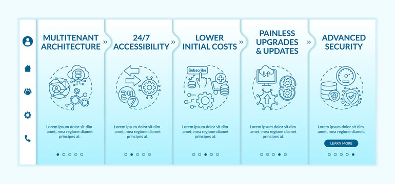 Software as service advantages onboarding vector template. Multitenant architecture. Lower initial costs. Responsive mobile website with icons. Webpage walkthrough step screens. RGB color concept