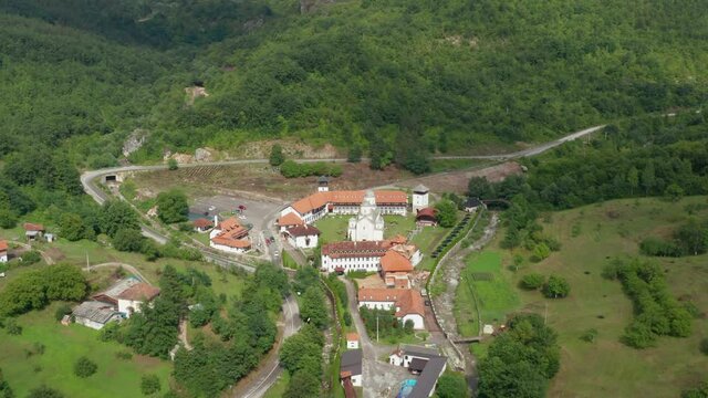 Aerial shot flying over the Mileseva monastery in Serbia near Prijepolje.